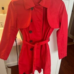 CAbi Red Trench Coat with Belt and Wide Collar